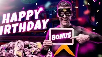 Image featuring a person in a superhero costume promoting the Admiral-X birthday bonus with a cheerful expression, holding a tablet that displays the word BONUS against a background of confetti and money stacks.